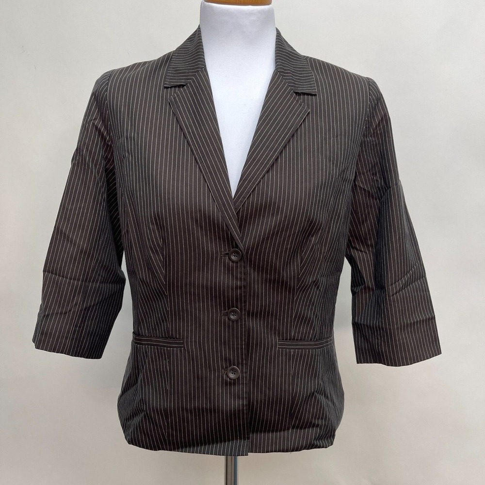 Chico's Top Jacket Size 0 Small 4 Brown Pin Stripes 100% Cotton 3/4 Sleeves